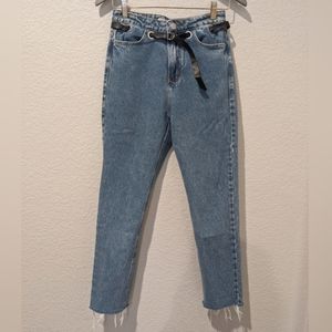 Bluesteel Denim grommet belted high waist mom jeans